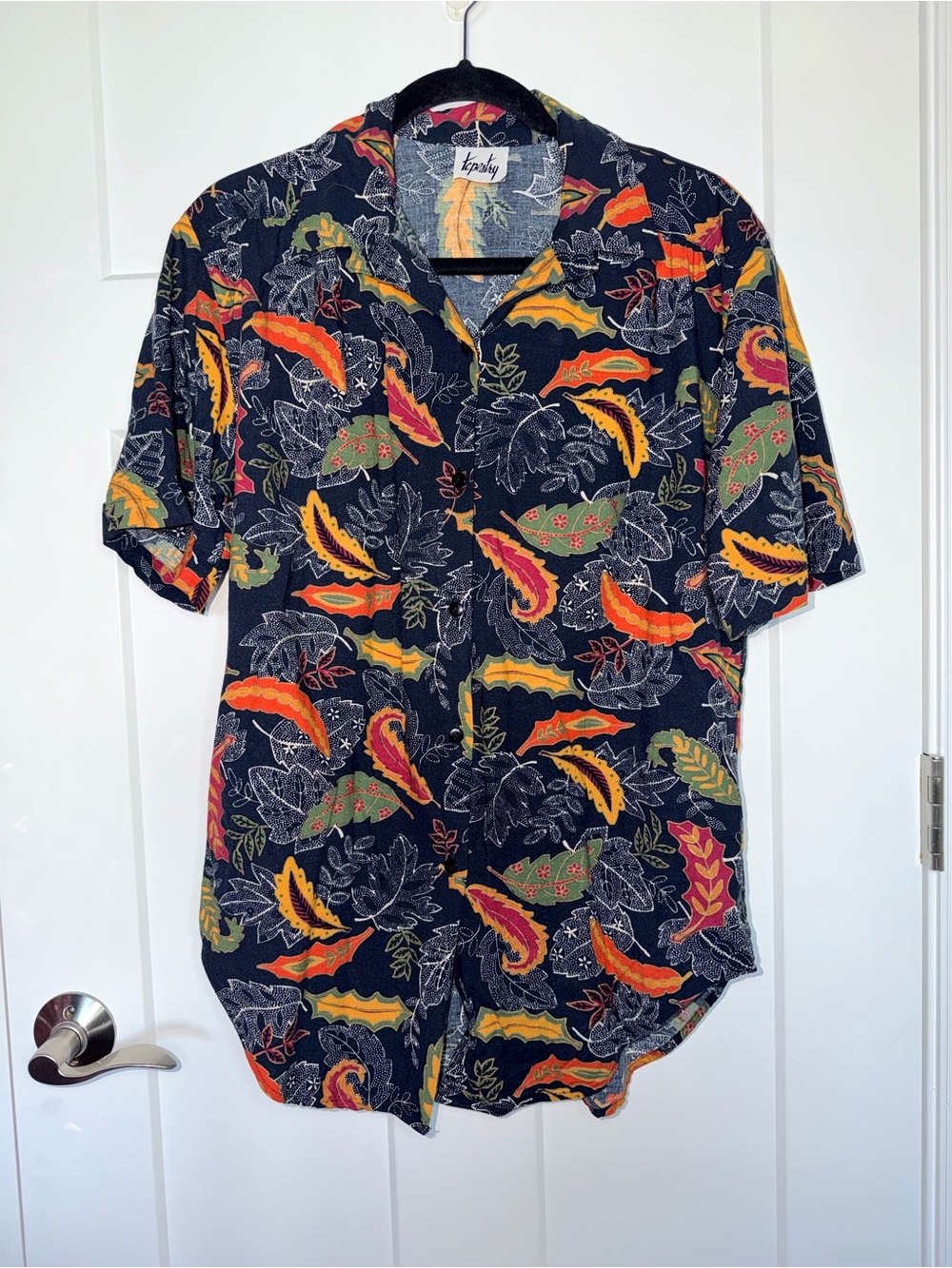 Tapestry Black Leaf Print Short Sleeve Button Down